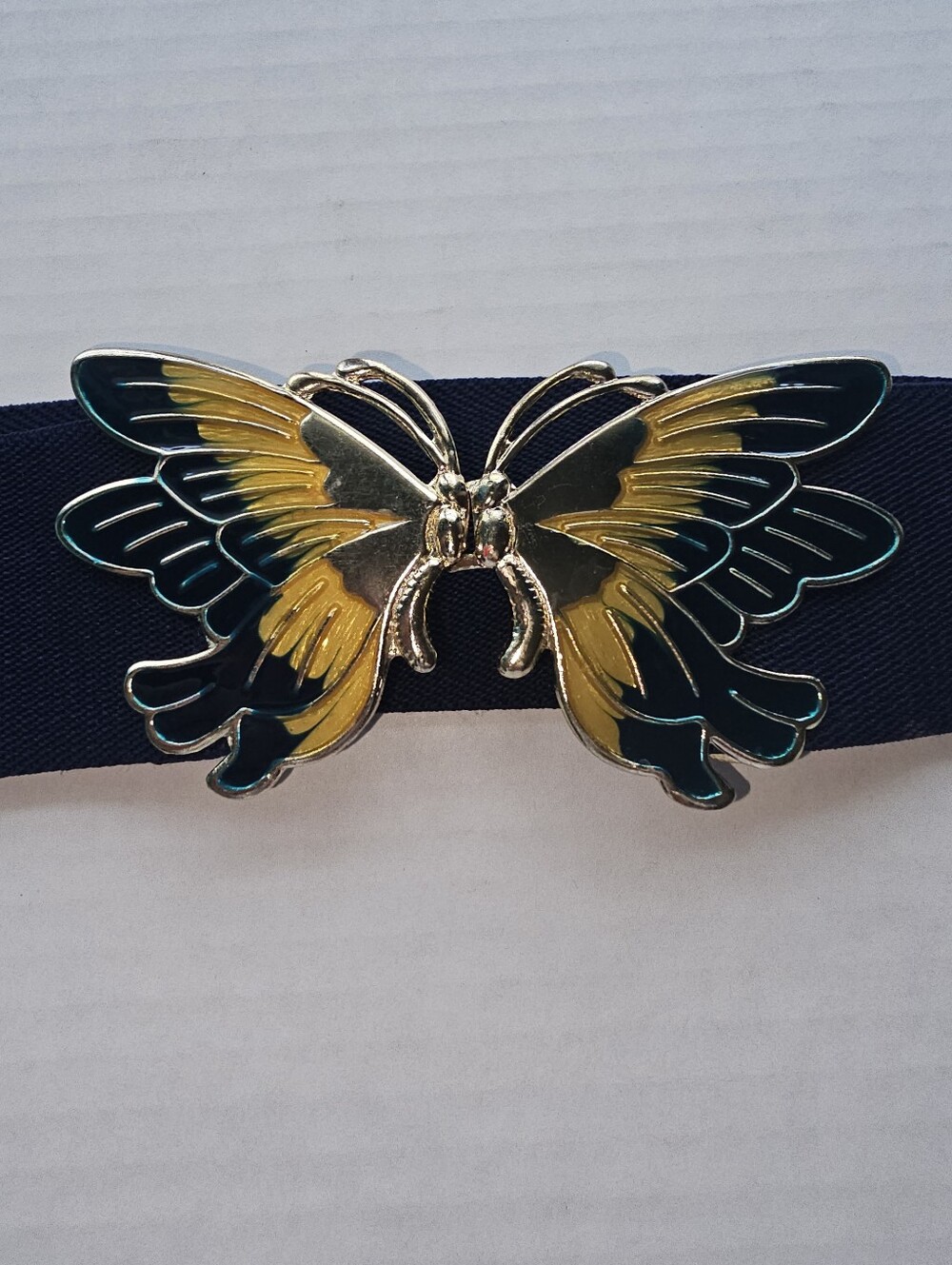 Enamel Butterfly Navy Stretch Belt Vintage Sz S/M Yellow Navy